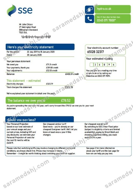 United Kingdom SSE Energy utility bill template in Word and PDF format, version 3